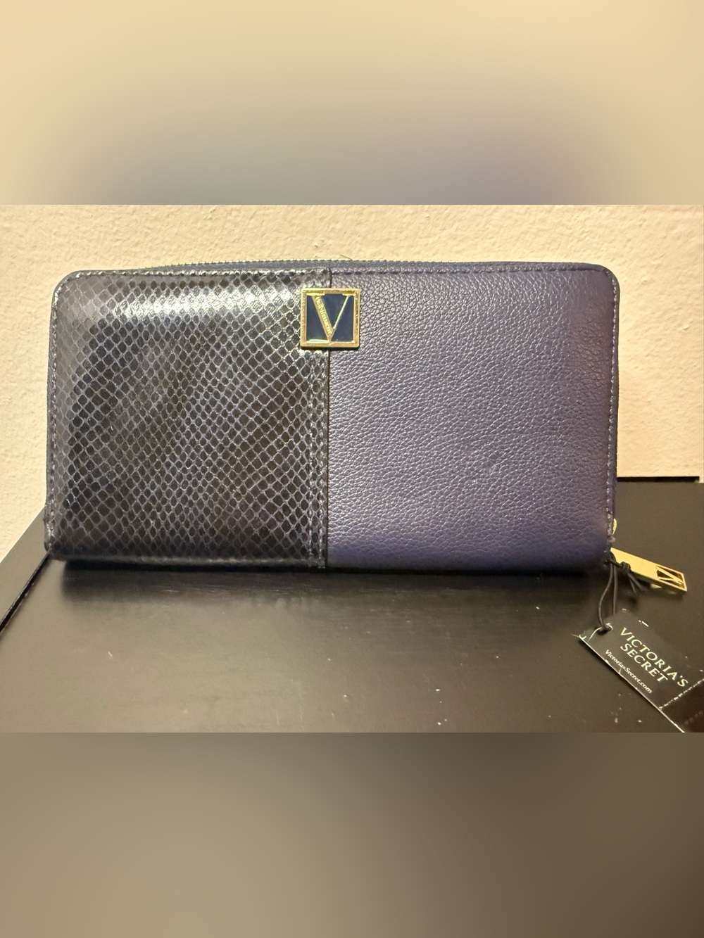 Victoria's Secret Half Faux-Croc Half Faux-Leather Blue Zip Around Wallet